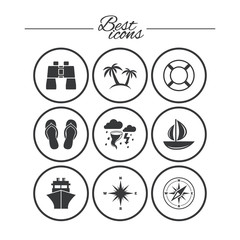 Cruise trip, ship and yacht icons. Travel signs.