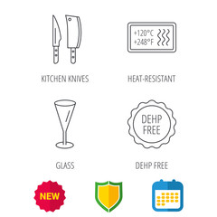 Kitchen knives, glass and heat-resistant icons. DEHP free linear sign. Shield protection, calendar and new tag web icons. Vector