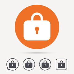 Lock icon. Privacy locker sign. Closed access symbol. Circle, speech bubble and star buttons. Flat web icons. Vector