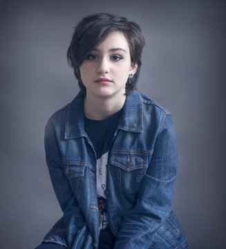 Teenage Girl With Short Hair And Makeup