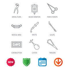 Medical mask, blood and dental pliers icons. Contraception, scalpel and clyster linear signs. Tweezers, pipette and forceps flat line icons. New tag, shield and calendar web icons. Download arrow