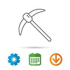 Mining tool icon. Pickaxe equipment sign. Minerals industry symbol. Calendar, cogwheel and download arrow signs. Colored flat web icons. Vector