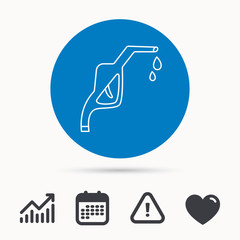 Gasoline pump nozzle icon. Gas or Petrol station sign. Calendar, attention sign and growth chart. Button with web icon. Vector