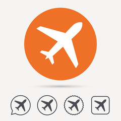 Plane icon. Flight transport symbol. Circle, speech bubble and star buttons. Flat web icons. Vector