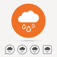 Cloud with rain drops icon. Rainy day symbol. Circle, speech bubble and star buttons. Flat web icons. Vector
