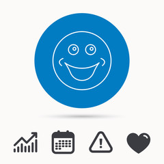 Obraz premium Smile icon. Positive happy face sign. Happiness and cheerful symbol. Calendar, attention sign and growth chart. Button with web icon. Vector
