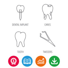 Dental implant, caries and tooth icons. Tweezers linear sign. Award medal, growth chart and opened book web icons. Download arrow. Vector