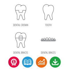 Dental crown, braces and tooth icons. Stomatology linear sign. Award medal, growth chart and opened book web icons. Download arrow. Vector
