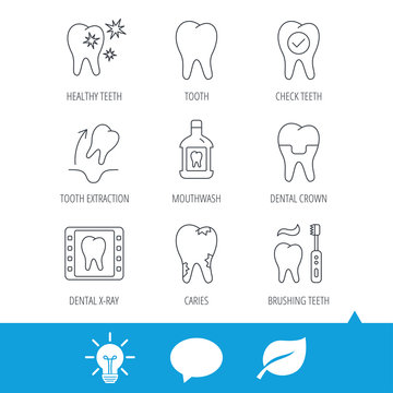 Tooth, dental crown and mouthwash icons. Caries, tooth extraction and hygiene linear signs. Brushing teeth flat line icon. Light bulb, speech bubble and leaf web icons. Vector