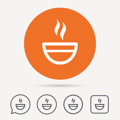 Tea cup icon. Hot coffee drink symbol. Circle, speech bubble and star buttons. Flat web icons. Vector