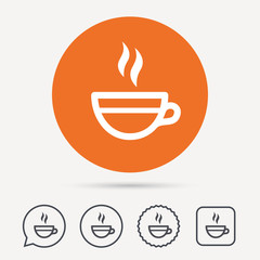 Tea cup icon. Hot coffee drink symbol. Circle, speech bubble and star buttons. Flat web icons. Vector