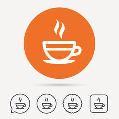Tea cup icon. Hot coffee drink symbol. Circle, speech bubble and star buttons. Flat web icons. Vector