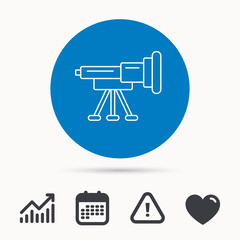 Telescope icon. Spyglass sign. Astronomy magnify lens symbol. Calendar, attention sign and growth chart. Button with web icon. Vector