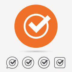 Tick icon. Check or confirm symbol. Circle, speech bubble and star buttons. Flat web icons. Vector