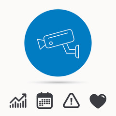 Video monitoring icon. Camera cctv sign. Calendar, attention sign and growth chart. Button with web icon. Vector