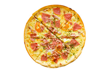 Circle of pizza with cheese and basturma