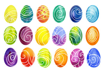 Easter eggs set watercolor template for design. Watercolour illustration for Easter holidays design on white background.