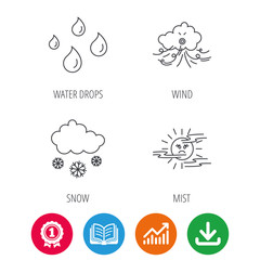 Weather, snow and rain icons. Water drops and mist linear signs. Award medal, growth chart and opened book web icons. Download arrow. Vector