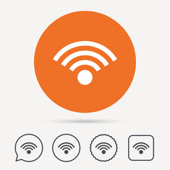 Wifi icon. Wireless internet sign. Communication technology symbol. Circle, speech bubble and star buttons. Flat web icons. Vector