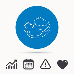 Wind icon. Cloud with storm sign. Strong wind or tempest symbol. Calendar, attention sign and growth chart. Button with web icon. Vector