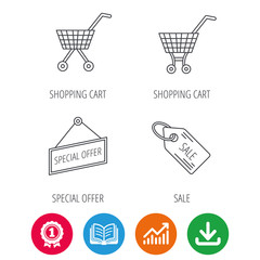 Shopping cart, special offer and sale coupon icons. Sale linear signs. Award medal, growth chart and opened book web icons. Download arrow. Vector