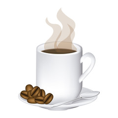 image color with hot mug of coffee serving on dish and coffee beans vector illustration