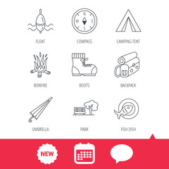 Park, fishing float and hiking boots icons. Compass, umbrella and bonfire linear signs. Camping tent, fish dish and tree icons. New tag, speech bubble and calendar web icons. Vector