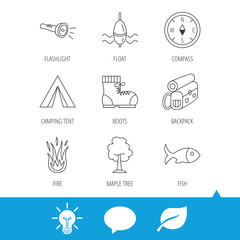 Maple tree, fishing float and hiking boots icons. Compass, flashlight and fire linear signs. Camping tent, fish and backpack icons. Light bulb, speech bubble and leaf web icons. Vector