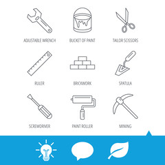 Screwdriver, scissors and adjustable wrench icons. Spatula, mining tool and paint roller linear signs. Brickwork, ruler and painting icons. Light bulb, speech bubble and leaf web icons. Vector