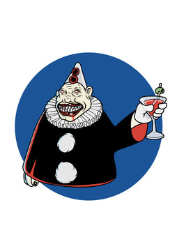 A creepy clown with a red cocktail in his hand. Vector illustration