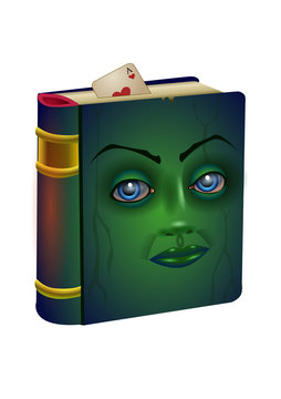 an ancient book with face and an ace card as a bookmark. Illustration