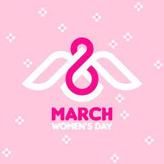 8 March women's day greeting card with white bird and number eight on pink floral background