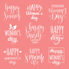 Happy Woman's day handwritten lettering set. 8 March calligraphy collection for greeting or invitation cards, tags etc.