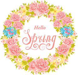 Hello spring lettering. Vector flower wreath. Floral Frame.