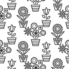 Black and white line flower pots seamless vector. Floral outline feminine monochrome background texture.