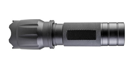 Black Metal Flashlight isolated on white background with clipping path.
