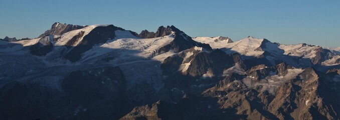 Mountain range covered by glacier, view from mount Titlis