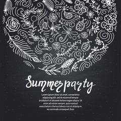 A bright circle with a summer ornament. Flowers, bugs, dragonfly, cloud. Element for your design.