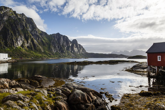 Landscape and fishermen's huts known as Rorbuer at Svolvaer, Lofoten Islands, Norway.