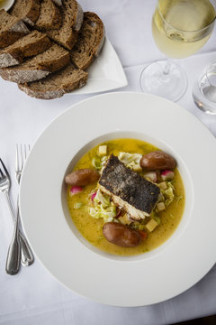 Fish dish at a restaurant, Henningsvaer, Lofoten Islands, Norway.