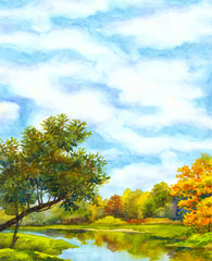 Watercolor background with landscape of sunny autumn day