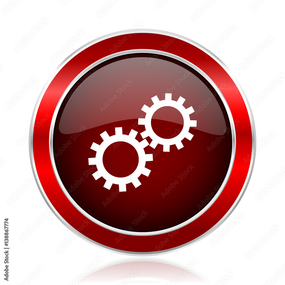 Poster gear red round glossy vector web icon. circle modern design chrome metal border abstract sign for sm
