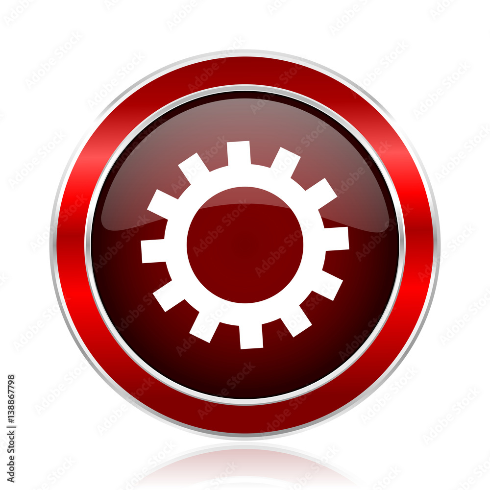 Aufkleber gear red round glossy vector web icon. circle modern design chrome metal border abstract sign for sm