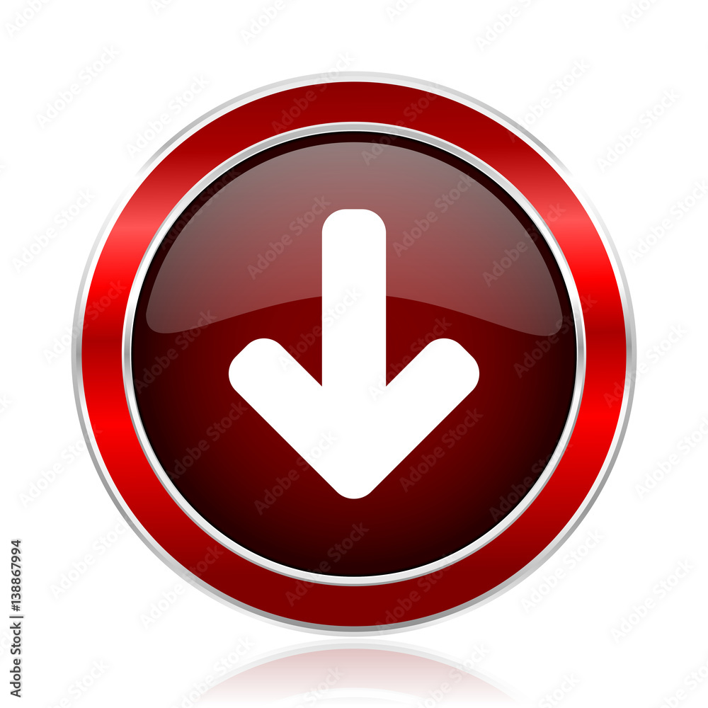 Poster download arrow red round glossy vector web icon. circle modern design chrome metal border abstract s