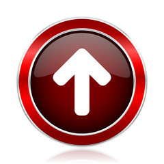 Up arrow red round glossy vector web icon. Circle modern design chrome metal border abstract sign for smartphone applications