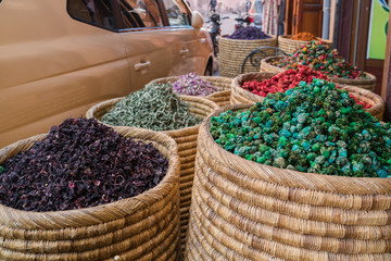 Spices and herbs  on street stal at Morocco traditional market.