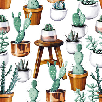 Watercolor cactus desert tropical garden seamless pattern. Watercolour cactus pattern
