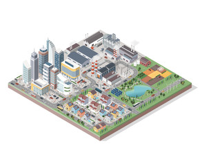 Vector isometric city with buildings, people and vehicles © elenabsl