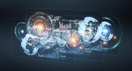 Digital holograms with screens charts and statistics 3D rendering