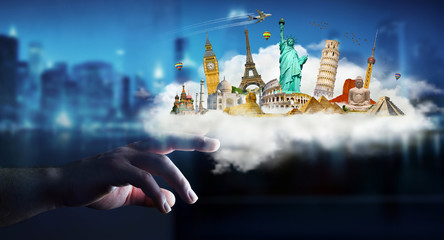 Businesswoman touching a cloud full of famous monuments with her finger 3D rendering